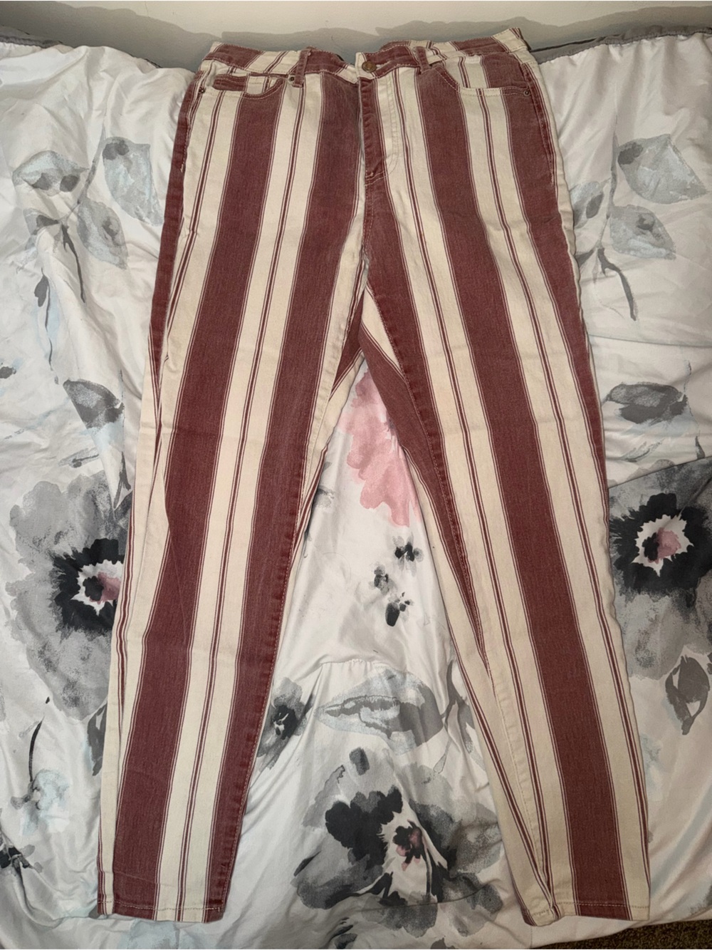 Forever 21 Red and Cream Striped Skinny Jeans